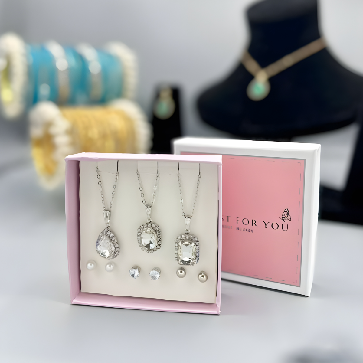 The ‘Elegance Trio’ Curated Gift Set — Teardrop, Oval, and Cushion-Cut Necklaces
