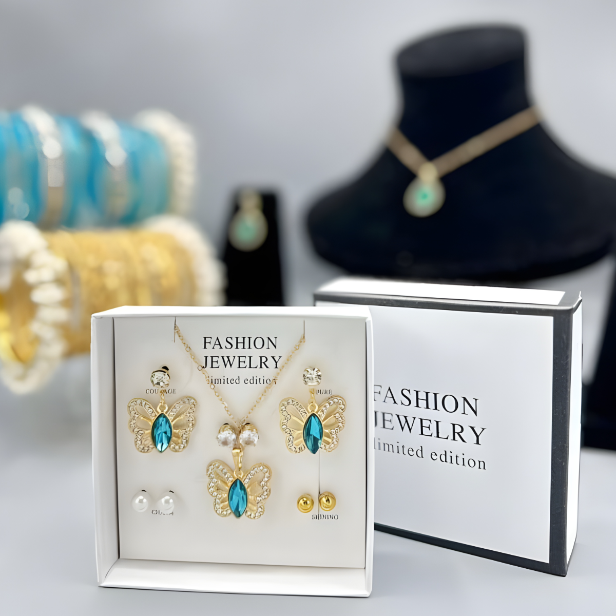 The ‘Azure Monarch’ Filigree Jewelry Suite — Emerald-Cut Teal Crystal & Butterfly Collection
