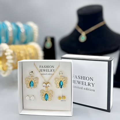 The ‘Azure Monarch’ Filigree Jewelry Suite — Emerald-Cut Teal Crystal & Butterfly Collection