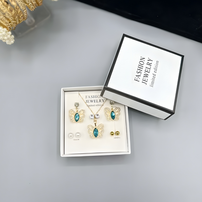 The ‘Azure Monarch’ Filigree Jewelry Suite — Emerald-Cut Teal Crystal & Butterfly Collection